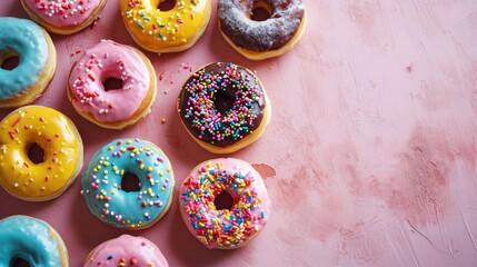 Fototapeta premium Assortment of pastel colorful donuts on pink table top view