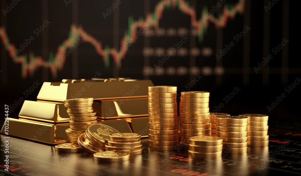 Wall mural gold coins with charts stock market background.