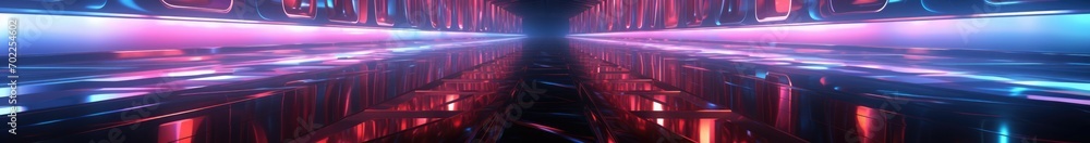 Poster neon tunnel with smooth transition from blue to pink with reflection in the floor, virtual corridor 