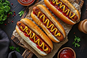 Barbecue grilled hot dog with sausage and yellow mustard with ketchup