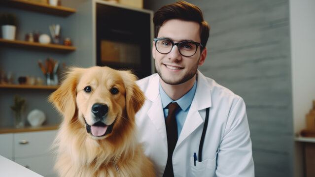 Pet Care Elegance: Young Vet and Golden Friend