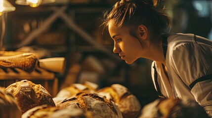 Female artisan smelling fresh baked bread - obrazy, fototapety, plakaty