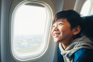 Happy Asian Child Looking Out Airplane Window. Generative AI