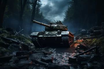 Tuinposter Rustic warfare tank, panzer, post apocalypse landscape, game wallpaper, photo art © Muhammad Shoaib