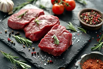 Gartenposter Raw fresh beef steak and spices for cooking on slate black board © Artem