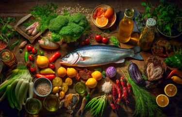 a fish surrounded by various fruits and vegetables on a table with a knife and a fork in it and a bottle of oil,  neoplasticism, generative ai