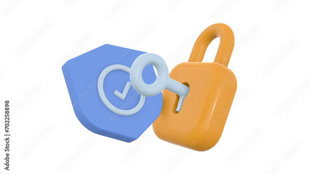 Poster cyber security internet concept. 3d lock with key and protection shield. networking safety connect. 