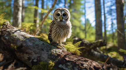 Barred owl owlet perched on some birch trees