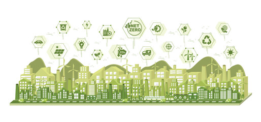 Net zero and carbon neutral concept. Net zero greenhouse gas emissions target. Climate neutral long term strategy, green net zero icons on the world and green city with circles doodle background.