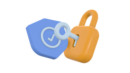 Cyber security internet concept. 3D Lock with Key and Protection shield. Networking Safety connect. Shield shape with padlock. Safety and privacy your data. Cartoon realistic icon isolated. 3D Render