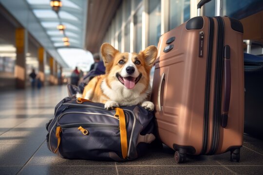 The dog is at the airport next to the luggage waiting for his flight. The pet moves to another city and country, traveling with his best friend. Cute red-haired Welsh corgi pembroke. Generative AI.