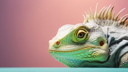 Basilisk reptile peeking over pastel bright background - obrazy, fototapety, plakaty