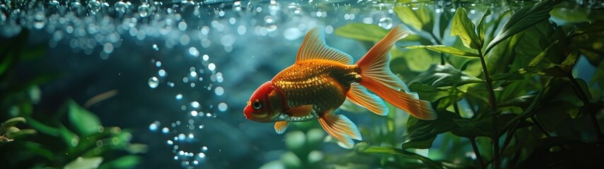 Calm and soothing aquarium display featuring a goldfish, green aquatic flora, and clear water with delicate air bubbles. - obrazy, fototapety, plakaty