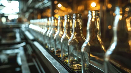 Poster Empty glass bottles on the conveyor. Factory for bottling alcoholic beverages. © Lakkhana