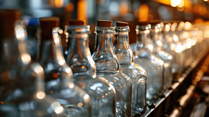 Fototapeta na wymiar Empty glass bottles on the conveyor. Factory for bottling alcoholic beverages.