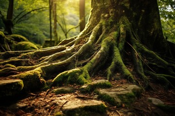 Mighty roots of an old tree penetrating the earth in a dense forest