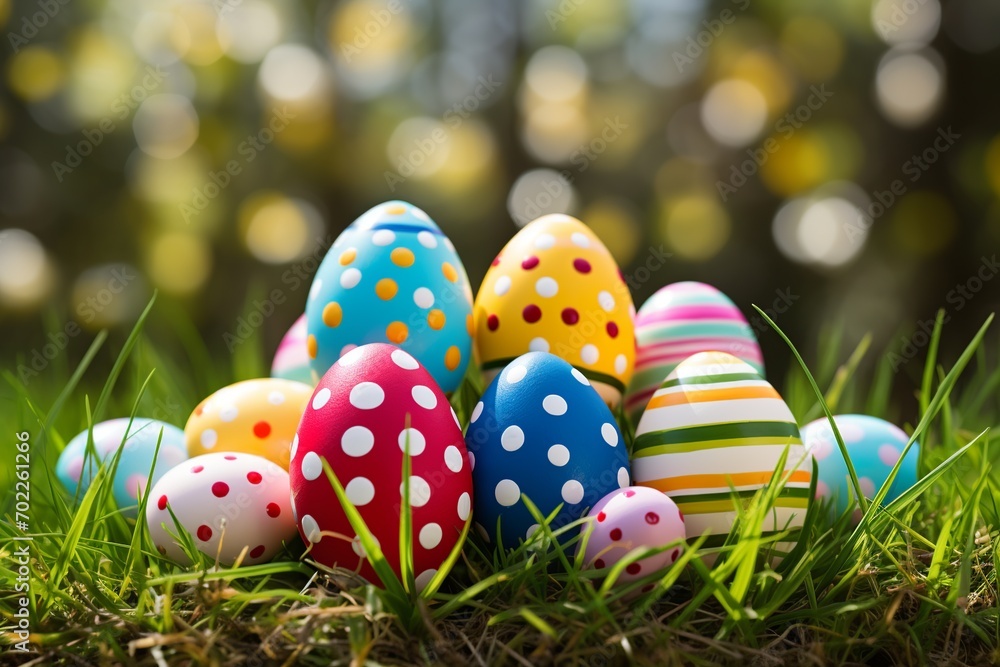 Poster festive display of easter eggs in bright colors, featuring playful patterns such as polka dots and s