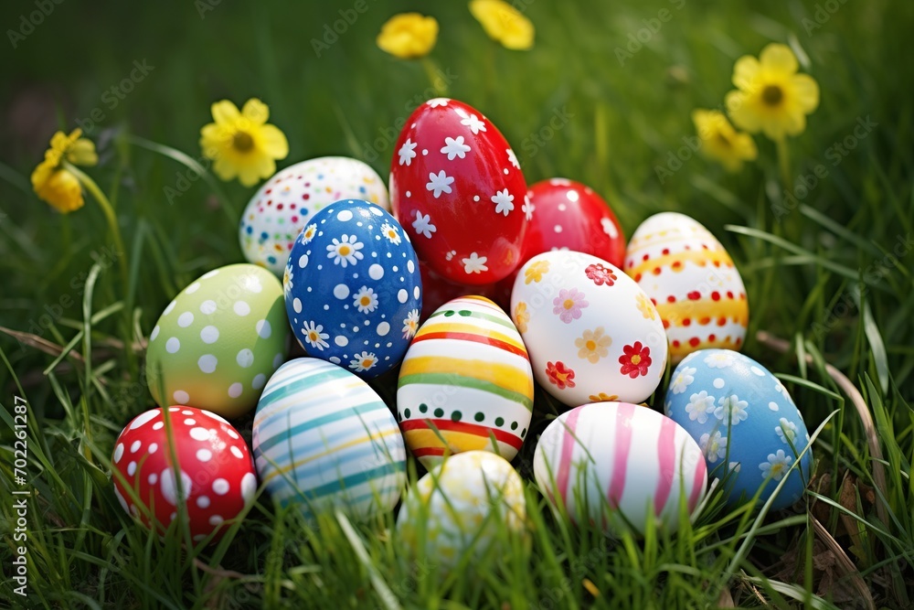 Poster festive display of easter eggs in bright colors, featuring playful patterns such as polka dots and s