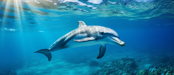 Beautiful dolphin swimming in a clear blue sea