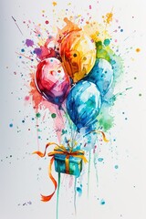 Whimsical watercolor illustration featuring balloons and gift boxes, ideal for vibrant card designs.