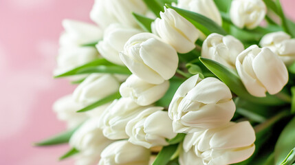 Fototapeta premium Beautiful floral background with white tulips on pink pastel blue background. Banner template for women's mother's day