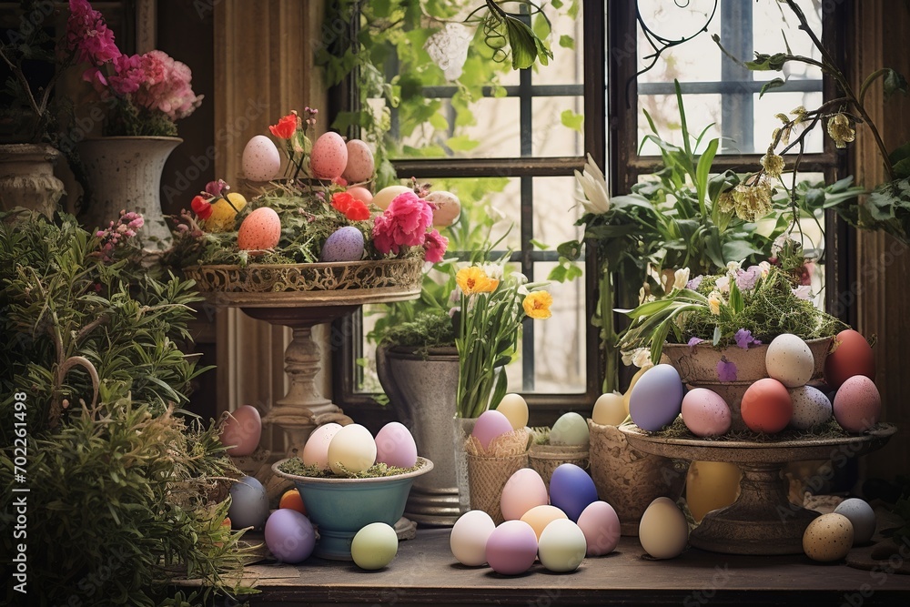 Poster festive display of easter eggs in bright colors, featuring playful patterns such as polka dots and s