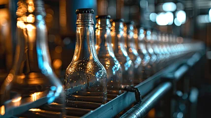 Foto op Plexiglas Empty glass bottles on the conveyor. Factory for bottling alcoholic beverages. © Lakkhana