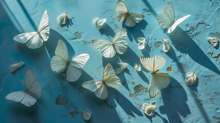 white butterflyes on blue background