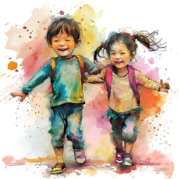 Watercolor illustration featuring lively children engaged in playful activities, ideal for kid-centric postcards and publications.