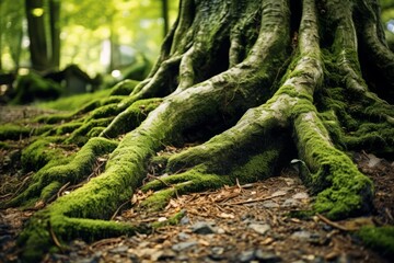 Roots of an old tree penetrating the earth in a forest, background wallpaper