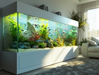 Illustration of an office with an incorporated aquarium, showcasing colorful fish.