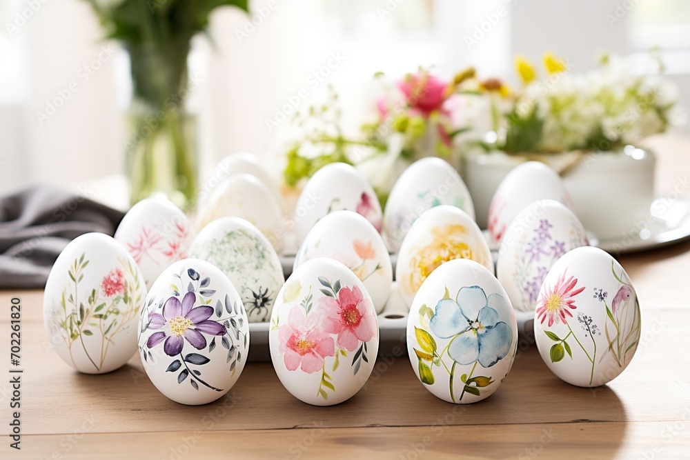 Poster festive display of easter eggs in bright colors, featuring playful patterns such as polka dots and s