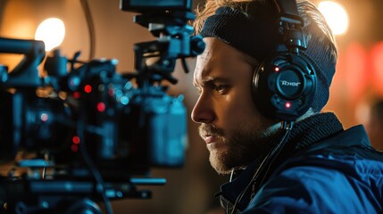 Close up photo of Video camera man operator in headphones and equipment