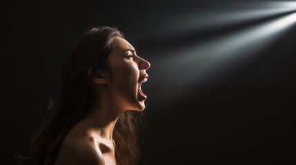 A photo of a young woman in despair shouting in profile and projector light on her on black background