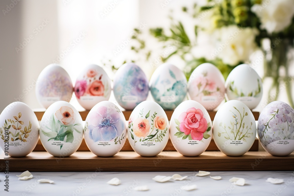 Poster festive display of easter eggs in bright colors, featuring playful patterns such as polka dots and s