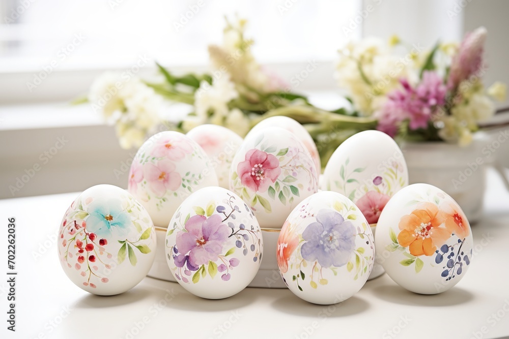 Poster festive display of easter eggs in bright colors, featuring playful patterns such as polka dots and s