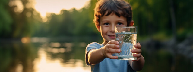 Cute little boy with a glass of water on nature. - obrazy, fototapety, plakaty