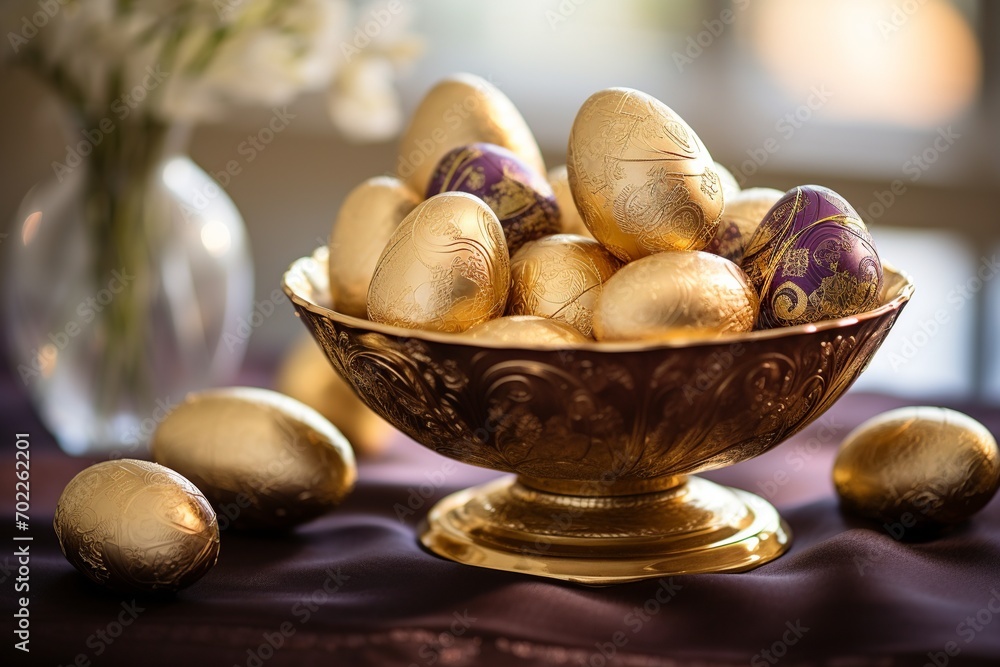 Poster festive display of easter eggs in bright colors, featuring playful patterns such as polka dots and s
