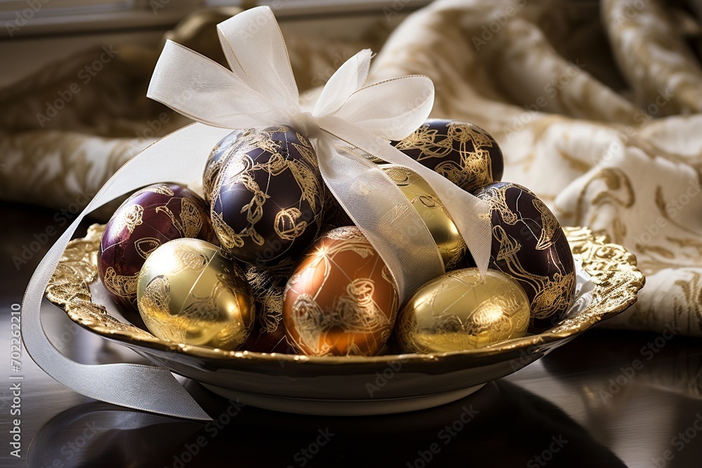 Poster festive display of easter eggs in bright colors, featuring playful patterns such as polka dots and s