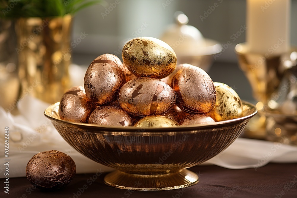 Poster festive display of easter eggs in bright colors, featuring playful patterns such as polka dots and s