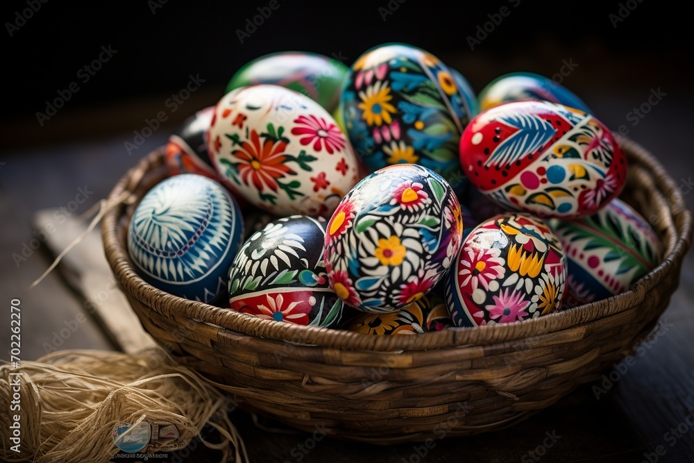 Poster festive display of easter eggs in bright colors, featuring playful patterns such as polka dots and s