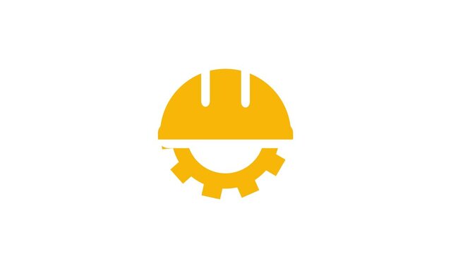 Worker safety helmet icon isolated with gears rotted on white background.