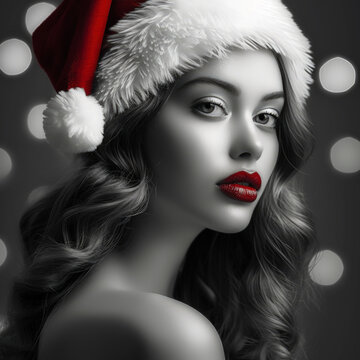 Retro beautiful young woman in Santa Claus hat. Fashion model girl portrait. Sensual red lips and red Santa hat on black and white photo. AI generated