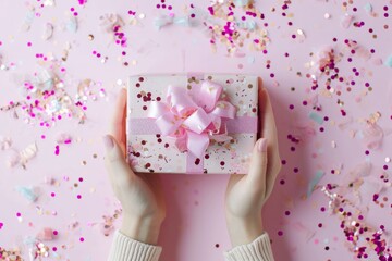 Womans hands holding gift or present box decorated confetti on pink pastel