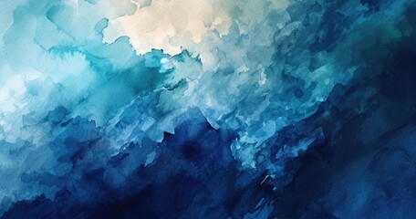 Deep Blue Sea: Watercolor Painting with Varied Blue Shades and Abstract Flow