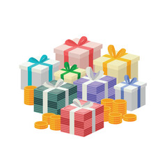 3D gift box, stack of banknotes with ribbon and gold coin. Money prize reward.