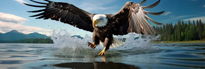 Poster eagle's majestic descent from the sky, talons extended, aiming to snatch a fish from the water's surface with incredible precision. © Maximusdn
