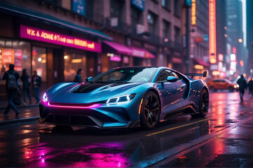 Blue concept cyberpunk sport car style with metallic body reflecting vibrant lights.