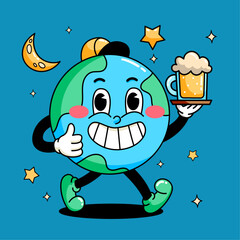 Cartoon happy earth with beer