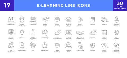 E-learning, online education elements line icon set collection. modern simple web sign, symbol icon. 